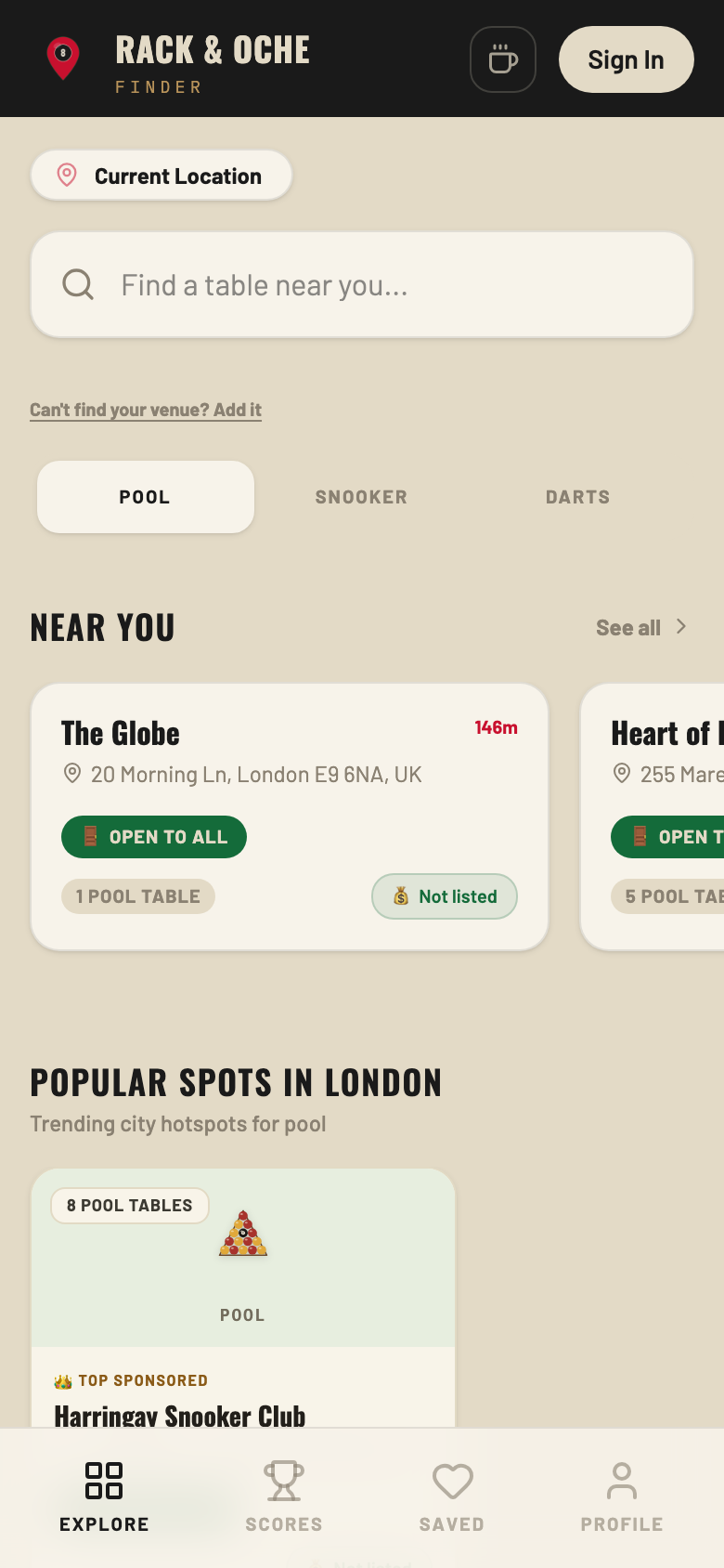Explore screen showing nearby pool venues