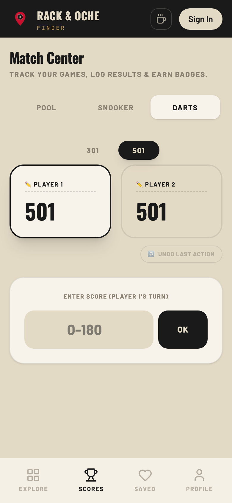 Match Center darts scoreboard
